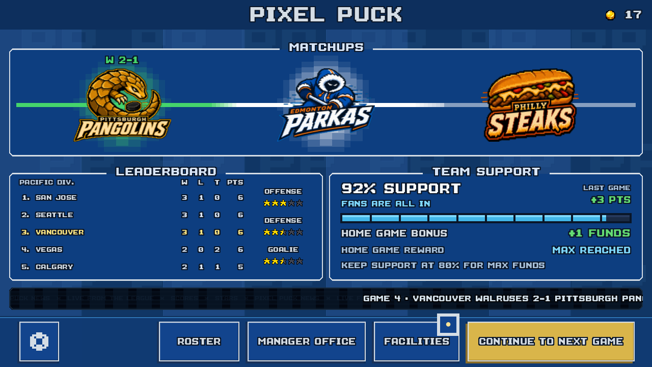 PixelPuck club dashboard for Vancouver Walruses, with upcoming opponents, division standings, fan support, and links to the roster and facilities.