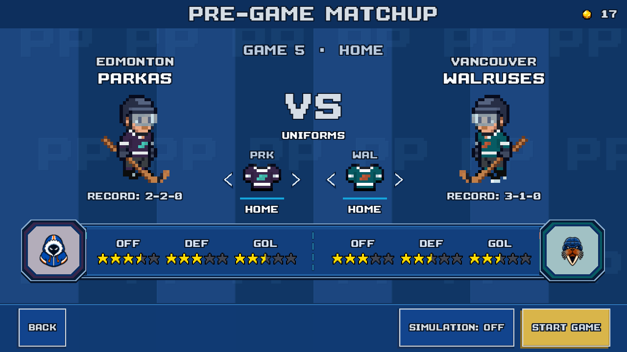 The pre-game matchup for game five: Edmonton Parkas against Vancouver Walruses, showing team records, uniforms, and offense, defense, and goalie ratings.