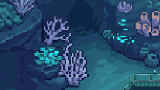 A close crop of blue and purple coral beside Deep Sea Dome.