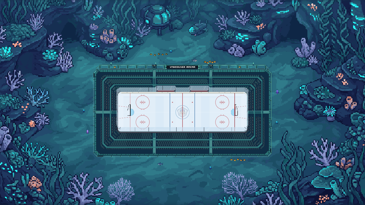 An underwater rink surrounded by blue coral, fish and jellyfish.