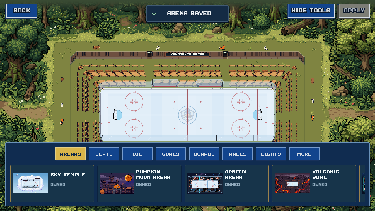 The real My Stadium editor with Summer Forest selected, arena choices below and an Apply button.