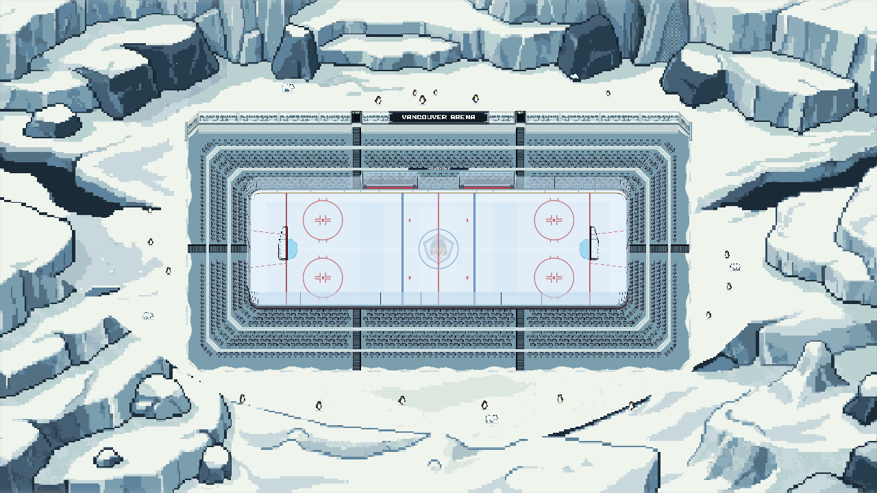 A white and blue rink between snowy cliffs, with penguins and polar bears nearby.
