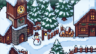 A close crop of snowy workshop roofs, red walls and glowing windows.