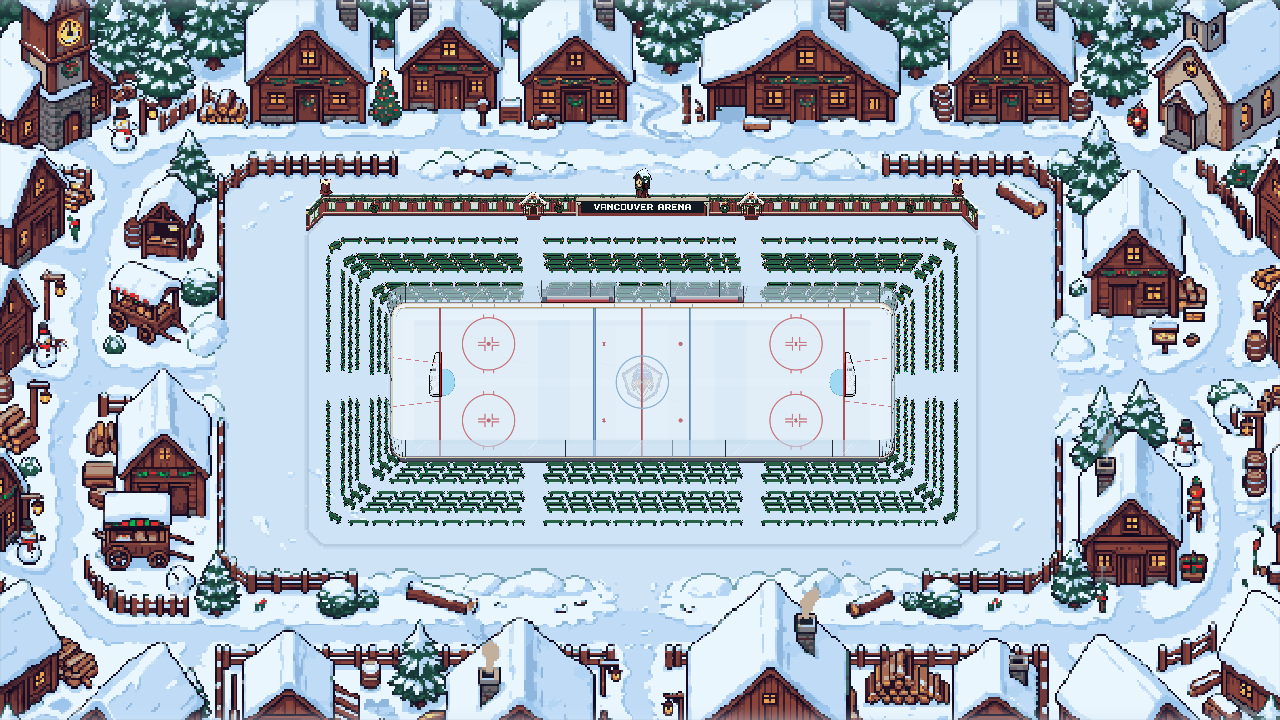 A rink in a snowy village with red benches and lit workshop windows.