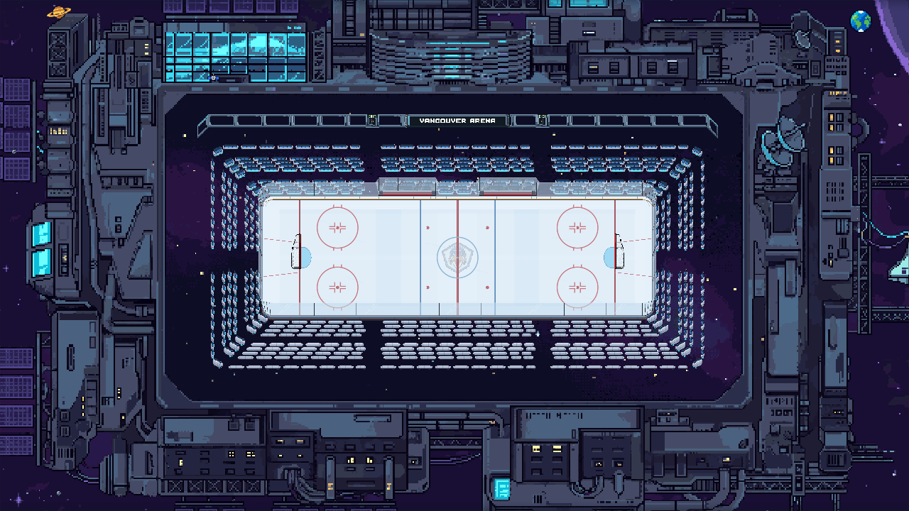 A rink on a dark space station with blue glass and rows of spectator pods.