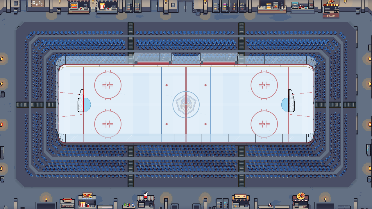 An overhead rink with blue seats, grey flooring and yellow stair rails.