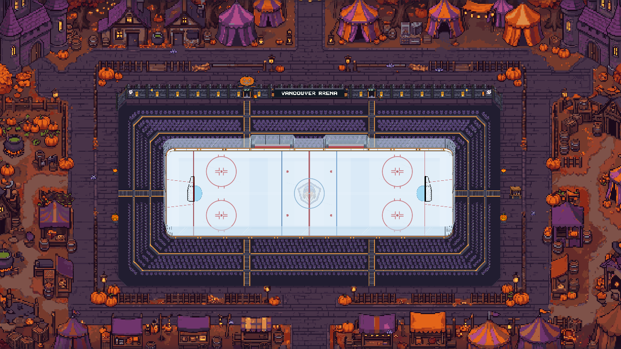 A rink surrounded by purple stone walls, pumpkins and fairground tents.