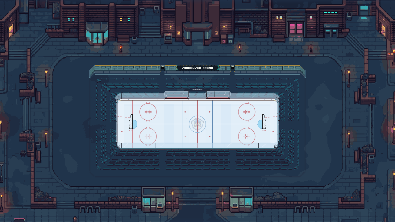 A rink with silver bleachers, a dark teal concourse and red wall panels.