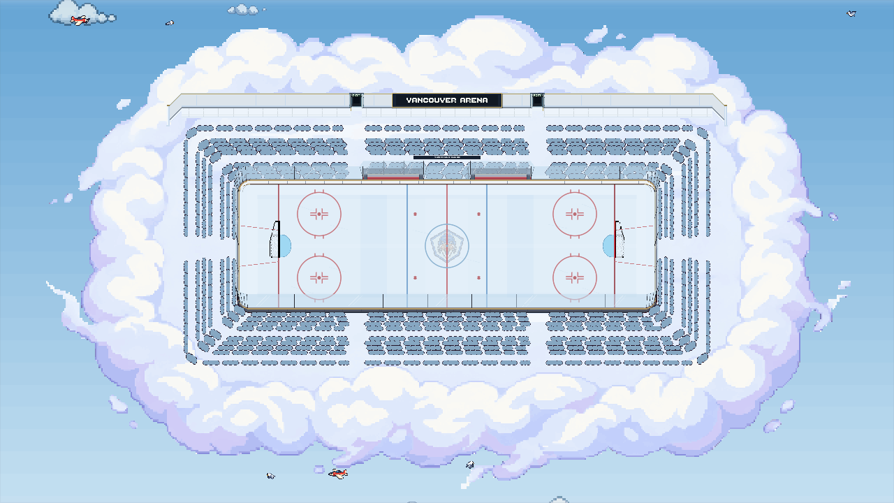 A floating rink with white cloud stands, birds and a small propeller plane.
