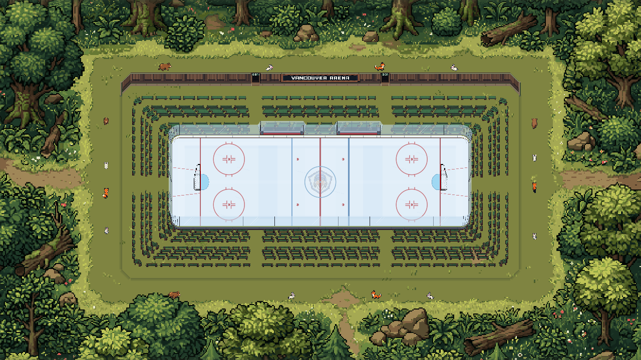 An outdoor rink in a green woodland clearing with timber spectator benches.