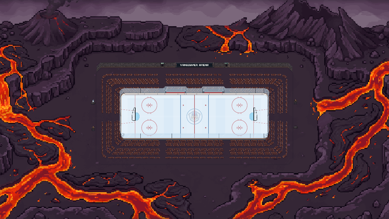 A rink on a basalt island surrounded by branching orange lava flows.
