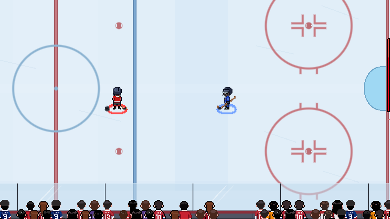 Blue faces the red puck carrier across an open shooting lane toward the right goal.