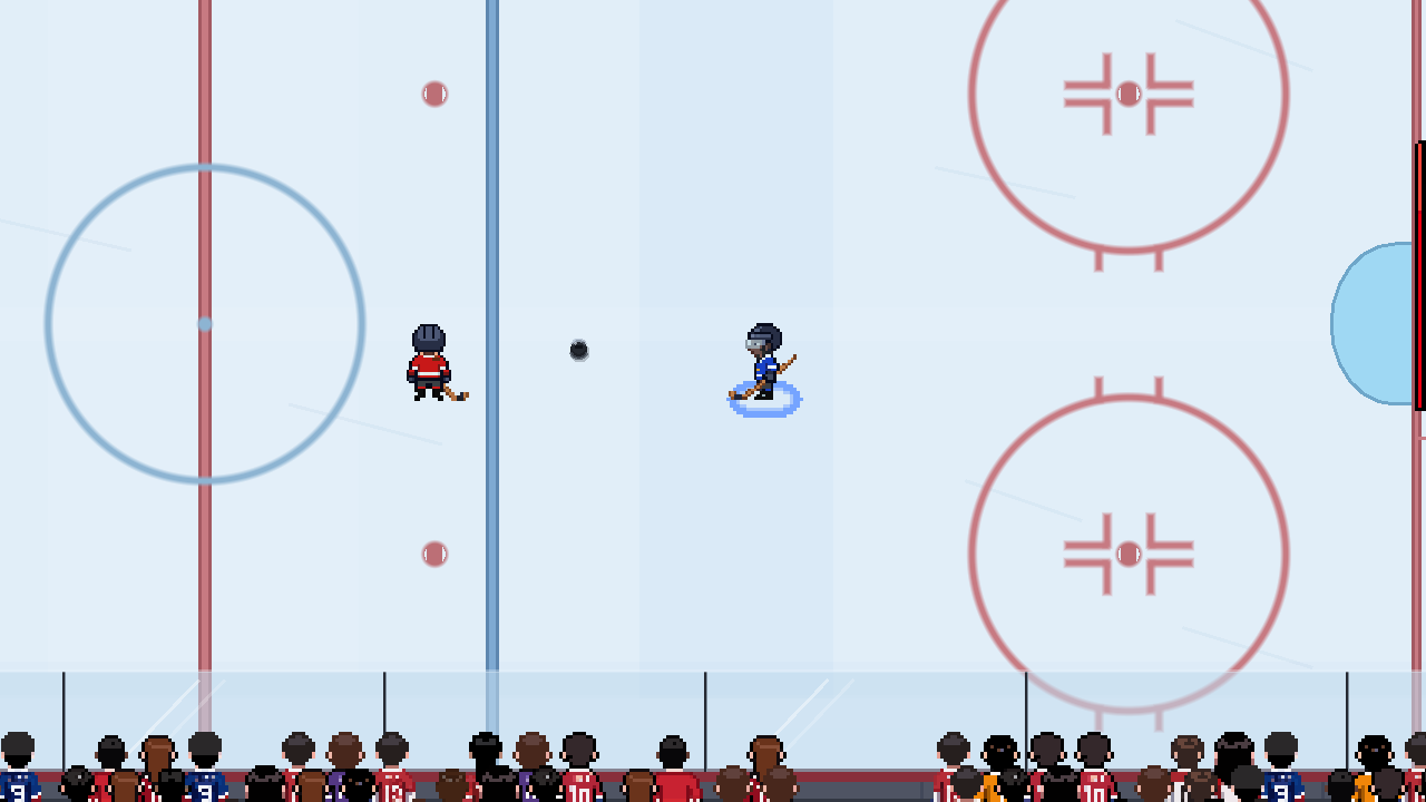 Blue rises from the diving block while the deflected puck travels away from the goal.