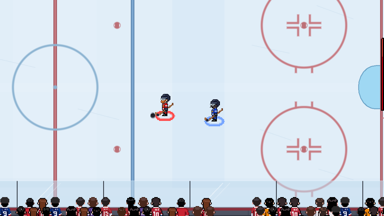A blue defender faces a nearby red skater who has the puck.