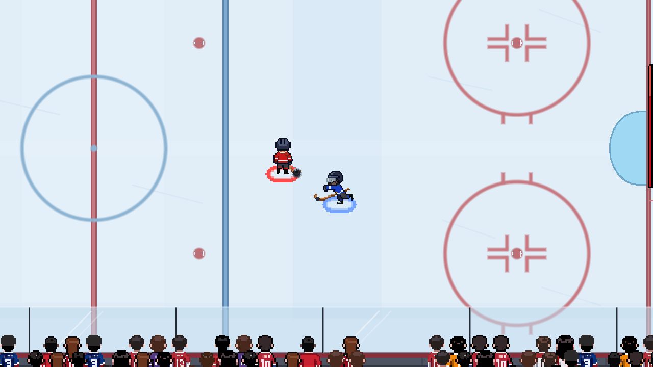 Blue extends into a shoulder check while the red puck carrier moves away.