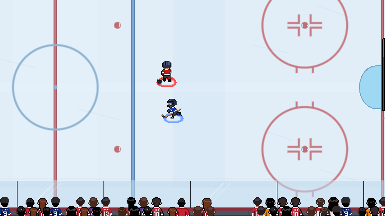 The blue skater finishes a missed check behind the red puck carrier.