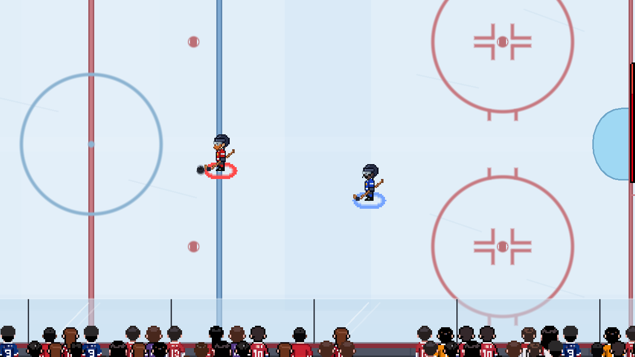 The blue defender stands between the red puck carrier and the goal on the right.