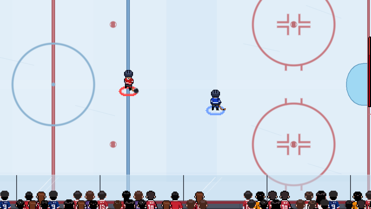 The red puck carrier moves up the rink with open ice between the carrier and the upright blue defender.