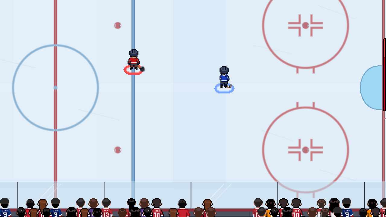 The blue defender remains on their skates after the red carrier changes position.