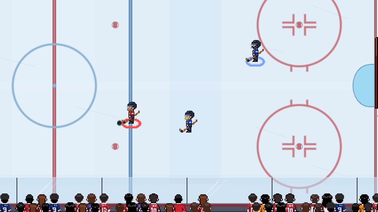 Two blue skaters defend against a red puck carrier. The farther blue skater has the selection ring.