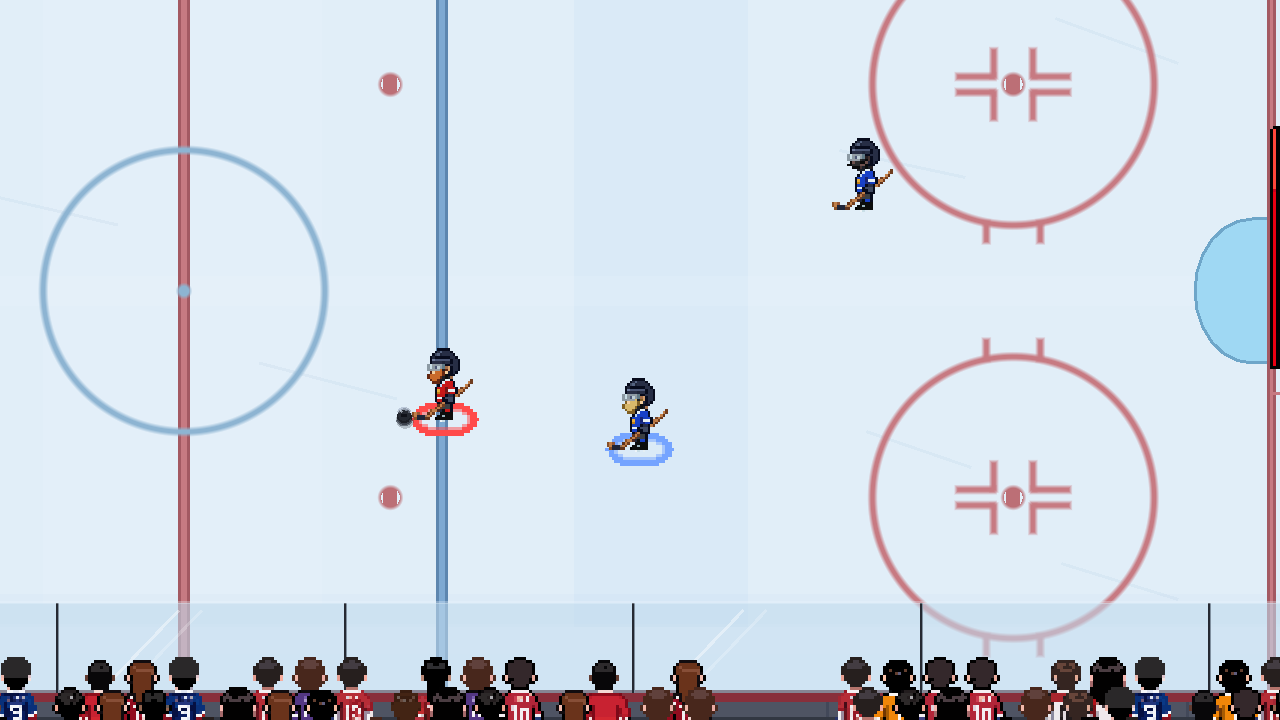The selection ring has moved to the blue teammate nearer the red puck carrier.
