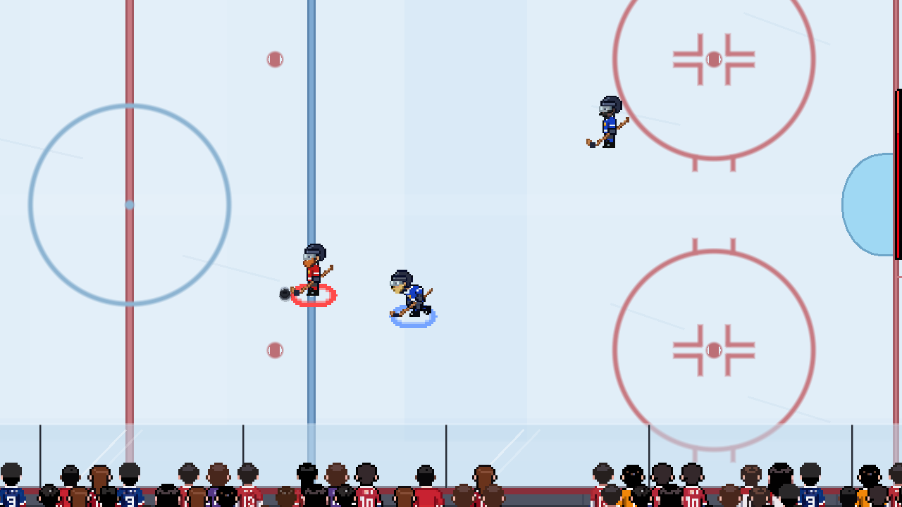 The closer blue teammate is selected to follow the play while the other blue skater stays farther away.