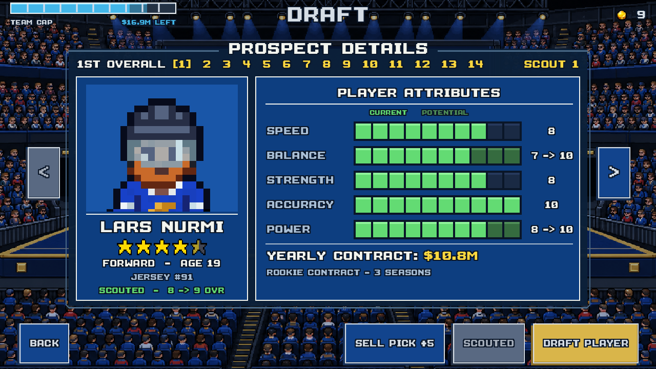 Lars Nurmi’s scouted report shows a 19-year-old forward with 8 OVR, 9 potential, 10 accuracy, and a $10.8M yearly contract.