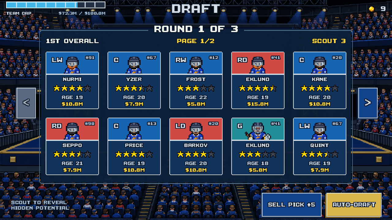 PixelPuck’s draft board shows round one of three, prospect cards, three scout uses, and the team salary cap.