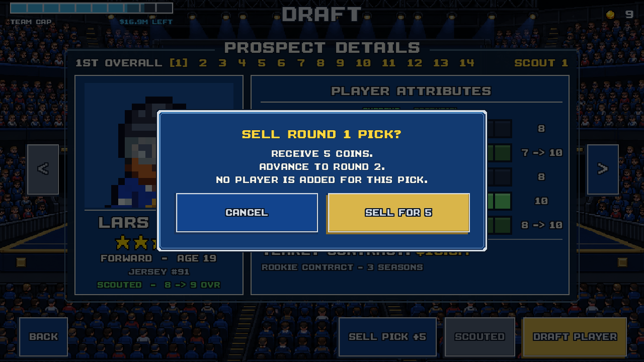 The game asks to confirm selling the round one pick for five coins, with options to sell or return.
