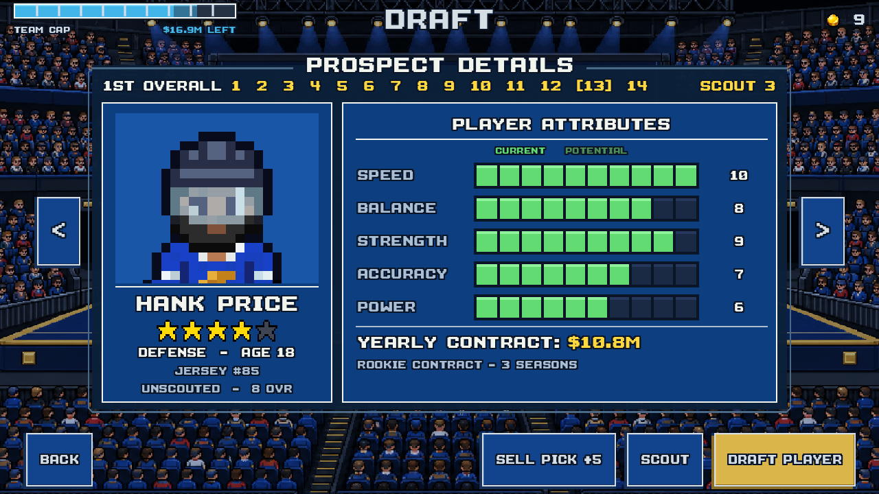 Hank Price’s draft screen shows 8 OVR, his current attributes, and three reports left.