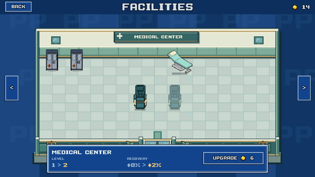 Medical Center upgrade preview showing level 1 to 2, recovery from 0% to 2%, and a cost of 6 Club Funds.