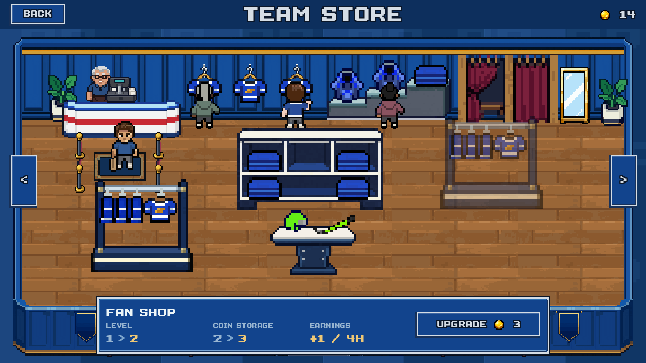 Fan Shop upgrade preview showing level 1 to 2, storage from 2 to 3 coins, and a cost of 3 Club Funds.