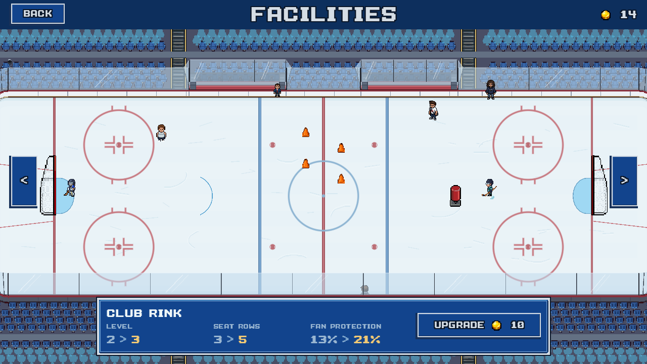 Club Rink upgrade preview showing level 2 to 3, seat rows 3 to 5, fan protection 13% to 21%, and a cost of 10 Club Funds.