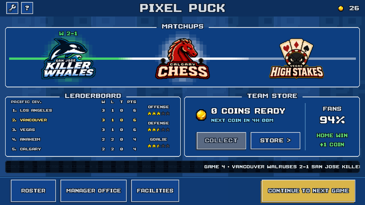 Vancouver Walruses club dashboard showing the next opponent, division standings, fan support, and entrances to the roster and facilities.