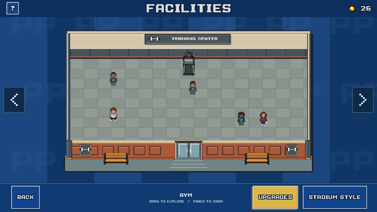 The example club’s gym with players, training equipment, and the Upgrades button.
