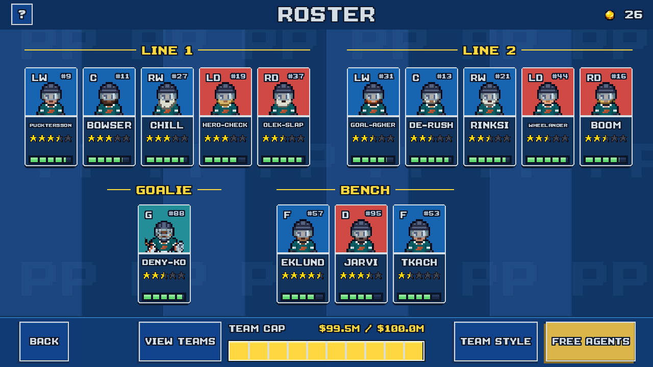 Example Vancouver Walruses roster with two lines, a goalie, reserve players, ratings, and stamina bars.