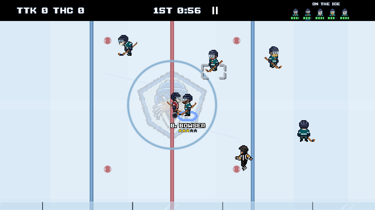 A development match with a selected skater near center ice, the puck, other skaters, and stamina bars above.