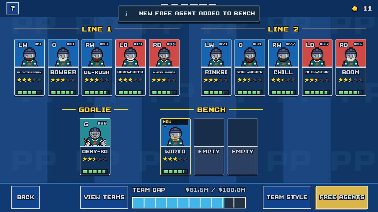 The sample Vancouver Walruses roster after signing, with the new player in a reserve bench slot below the active lineup.