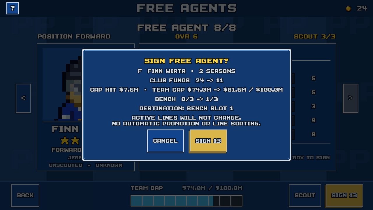 Free agent signing confirmation showing the two-season term, Club Funds before and after, annual cap hit, team cap change, and destination bench slot.