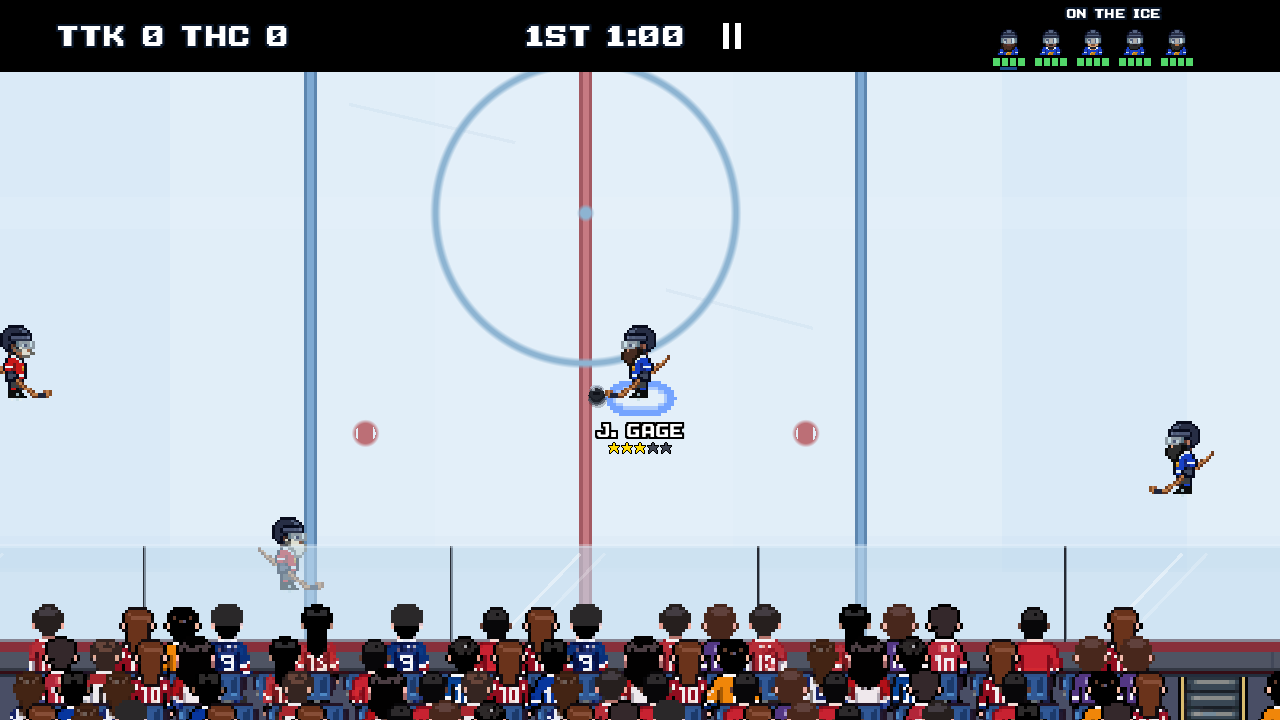 PixelPuck in landscape, with the left half marked for movement and the right half marked for actions.