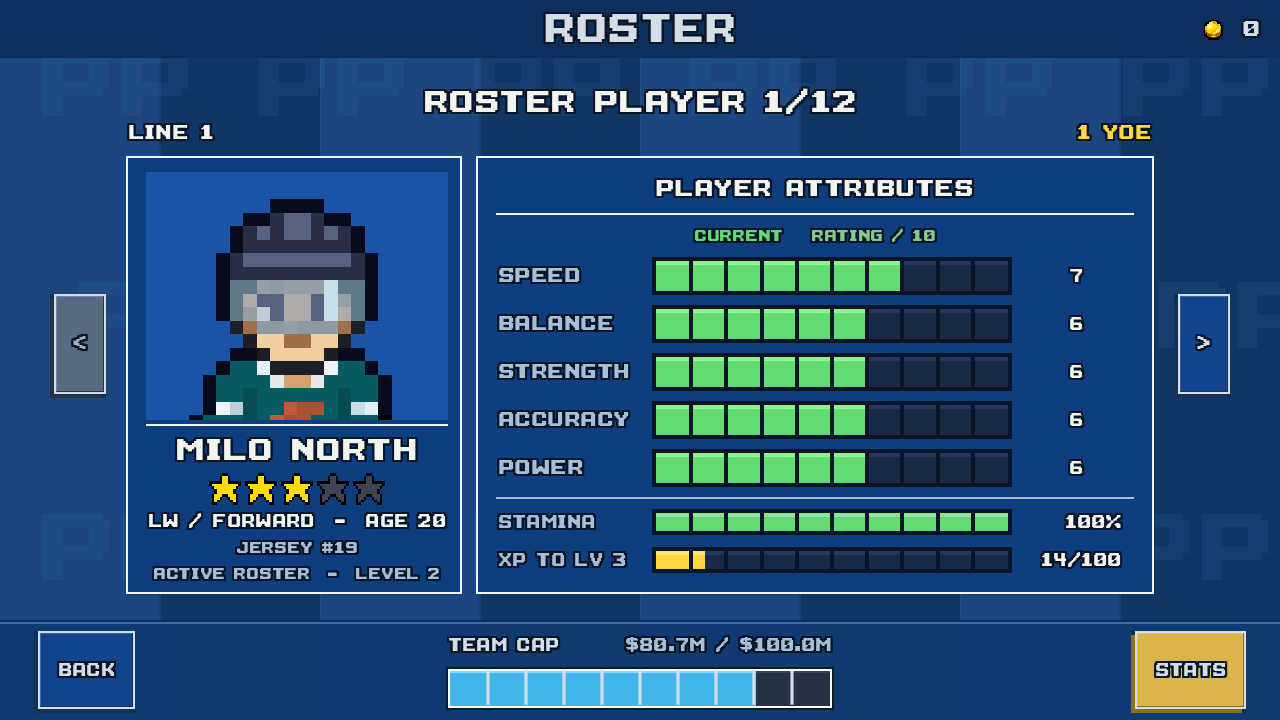 Milo’s roster profile after confirmation: Speed 7, the other attributes 6, level 2, and 14 of 100 XP