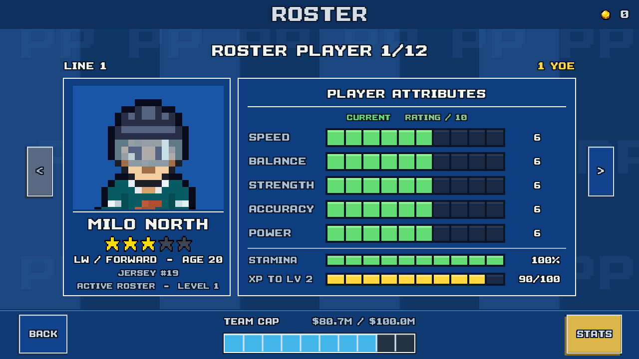 Milo’s roster profile before the match: five attributes at 6, level 1, and 90 of 100 XP