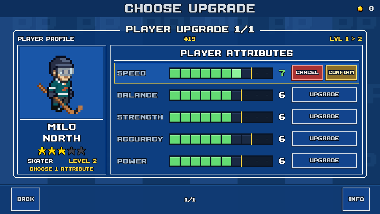 The game’s Choose Upgrade screen with Speed selected for Milo North at level 2