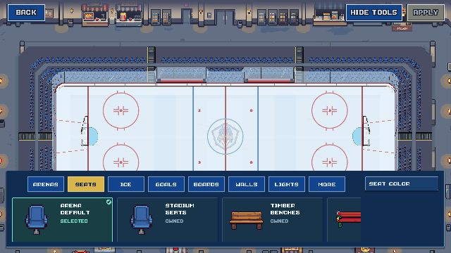 The Vancouver home arena editor displaying a rink preview and seating color controls.