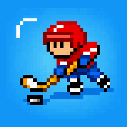 A red-helmeted pixel hockey player skating with a puck on blue ice.