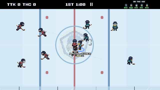 PixelPuck skaters near center ice, a puck, and the development build’s scoreboard.