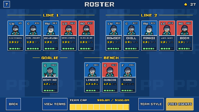The sample Vancouver roster with player ratings, two lines, a goalie, and a bench.