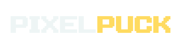 PixelPuck in white and yellow pixel lettering.