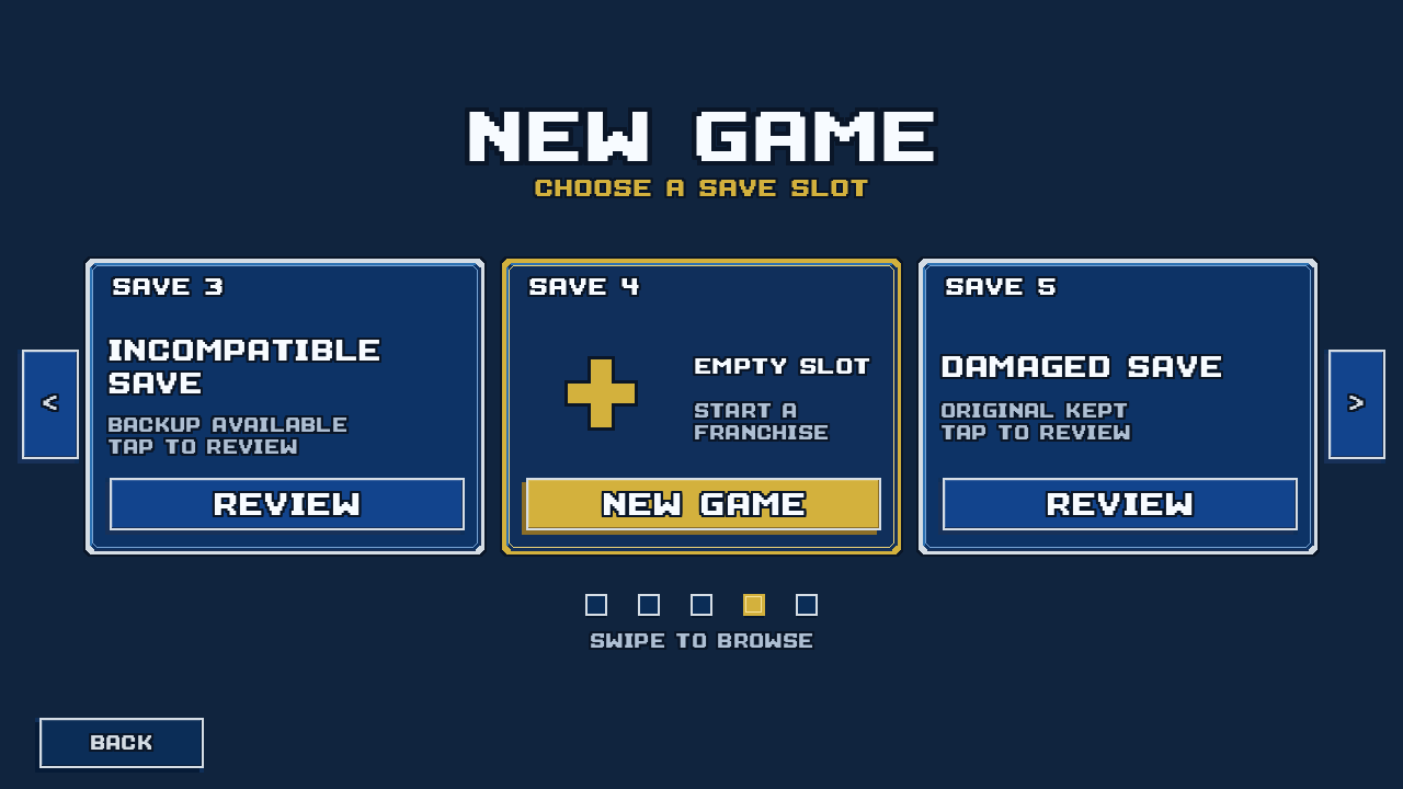 Save 4 is Empty Slot with New Game, beside Save 5 showing Damaged Save and Original Kept