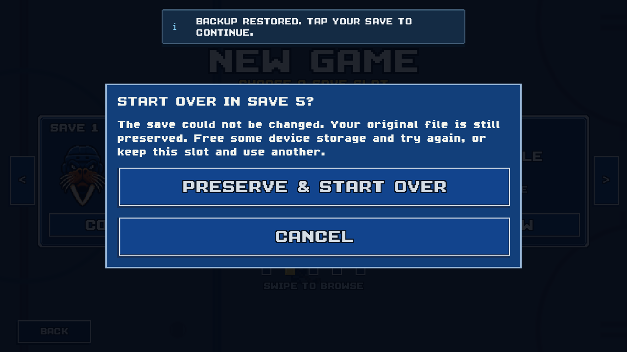 Recovery failure message says the save could not be changed and suggests freeing device storage or keeping the slot